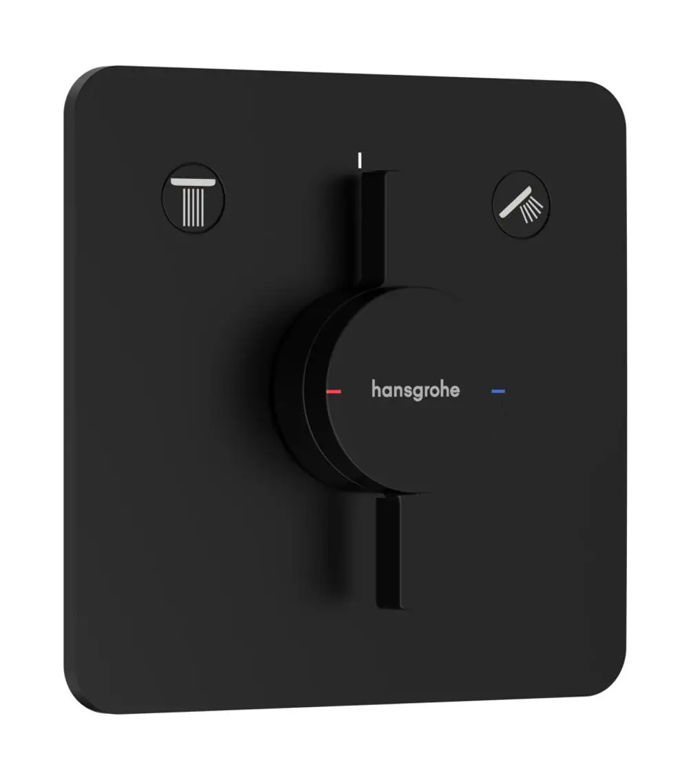 Schwarzer Unterputz-Mischer mit einem zentralen Drehknopf zur Wasserregelung und zwei Schaltern für verschiedene Auslässe, markiert mit Hansgrohe-Logo.